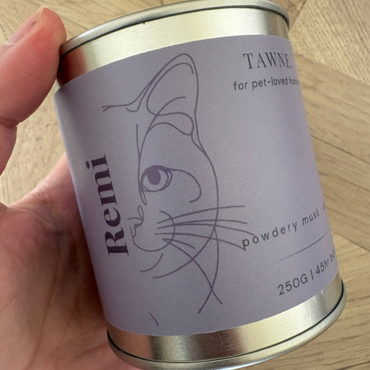 A hand holding a silver metal tin Remi Tawne candle, showing the lavender label with a minimalist cat line drawing, against a wooden floor background.