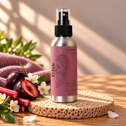 A 100ml metal spray bottle of Tawne Trixie home spray, labeled 'black plum and rhubarb', styled on a wooden surface with a sponge, plums, figs, and rhubarb.