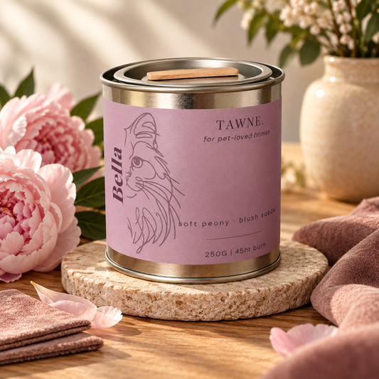 A lavender-colored scented candle tin labeled 'Tawne' and 'Bella' sits on a woven coaster on a wooden table, surrounded by pink peony flowers, a beige ceramic vase with dried flowers, and soft pink textiles.
