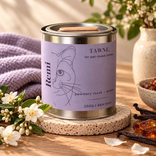 A tawne candle tin with muted lavender mauve label showing image of a cat. the name remi is labeled. sat on a stone coaster with decorative flowers and amber stone around.