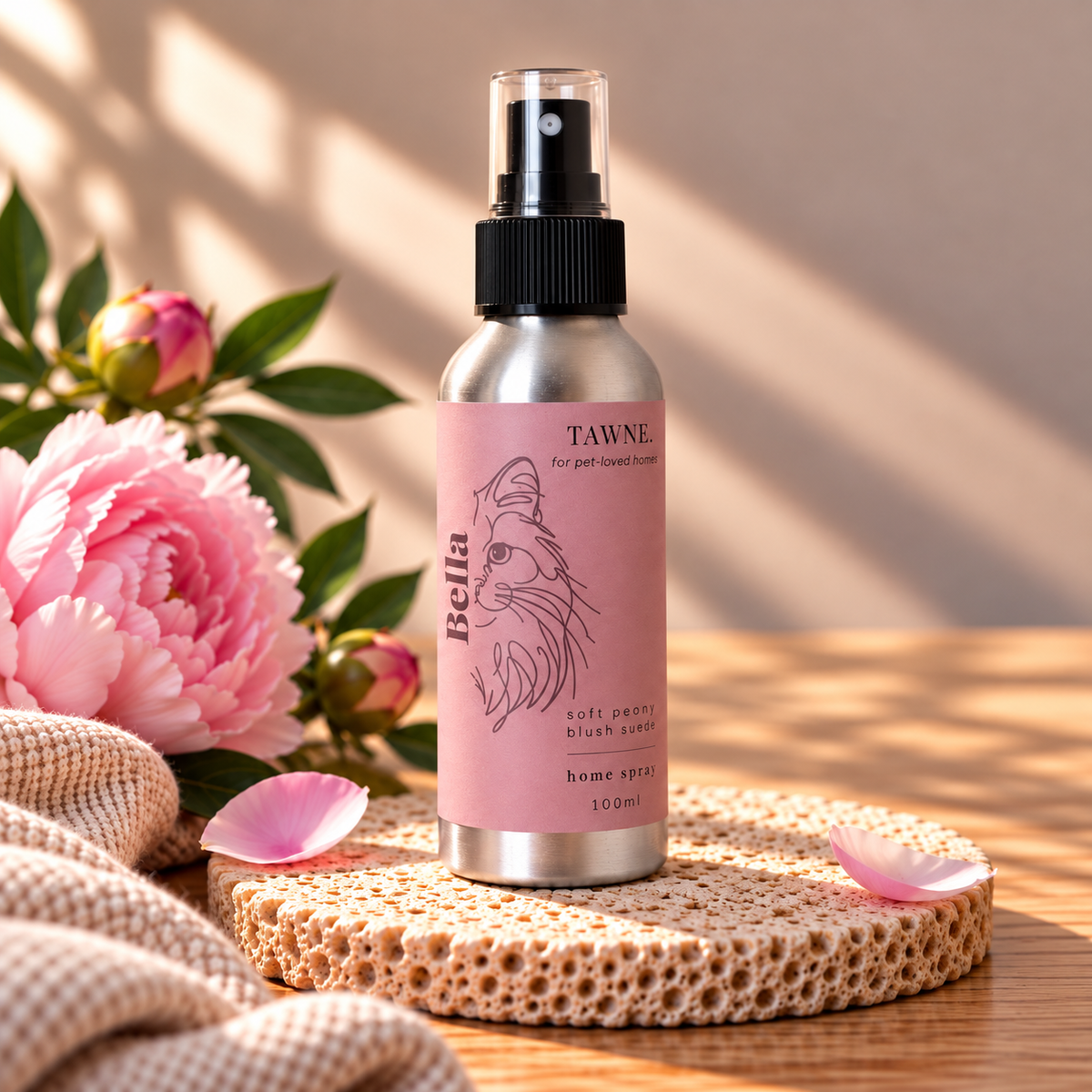 A 100ml silver metal spray bottle with a pink label for 'Tawne Bella' pet friendly home spray, styled on a woven coaster with pink flowers and a beige blanket.