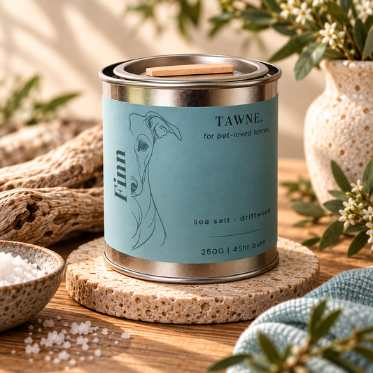 A metal tin candle labeled 'TAWNE' and 'Finn' sits on a woven coaster on a wooden table, surrounded by driftwood, coarse salt, greenery, and a ceramic vase in a styled natural setting.