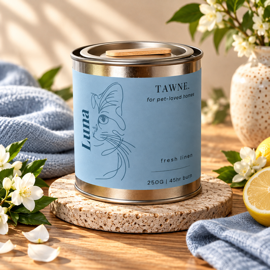 A metal tin Tawne candle sits on a round stone coaster on a wooden table, styled with a blue cloth, white flowers, and a lemon half in a warm, natural setting.