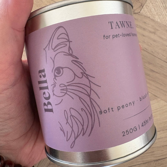 A hand holding a Bella Tawne candle. The can has a light purple label with a minimalist line art illustration of a cat and text reading 'Bella' and 'Tawne'.
