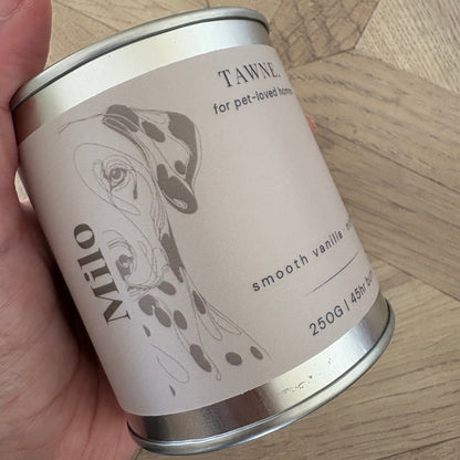 A hand holding a silver metal tin of Tawne smooth vanilla pet candle against a light wood parquet background.