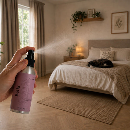 A hand holds a pink and silver Bella room spray bottle, spraying a fine mist toward a cozy bedroom with a cat sleeping on the bed in the background.